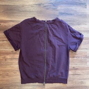 TRUE RELIGION Maroon Burgundy Red Roll Sleeve Back Zip Short Sleeve Top Women Sm